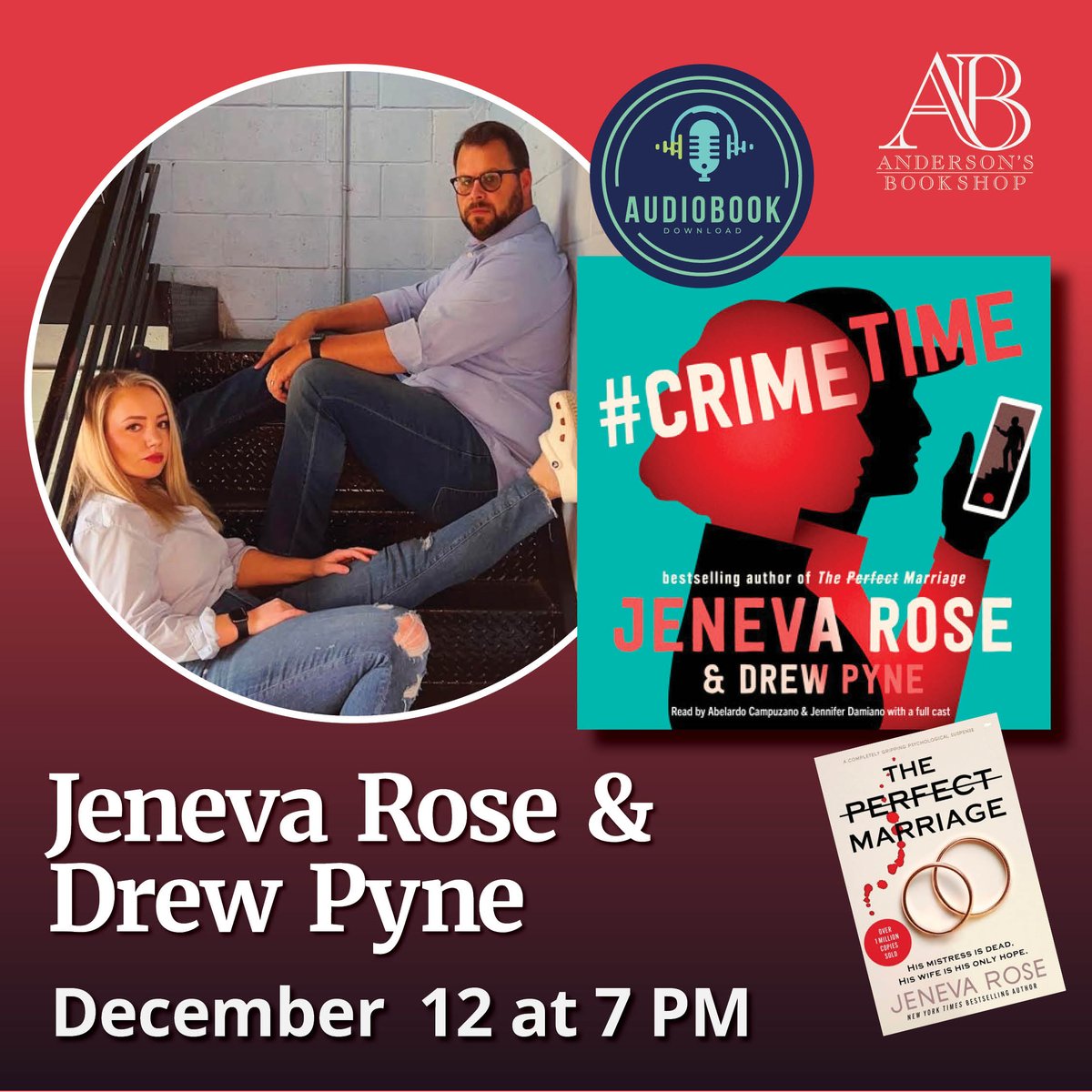 TOMORROW: Authors & audiobook narrators Jeneva Rose @jenevarosebooks & Drew Pyne celebrate their audio original novel #CrimeTime at 7pm in Naperville. Ticket includes a download from @librofm of the audiobook. TICKETS HERE: …aRoseDrewPyneAndersons.eventcombo.com