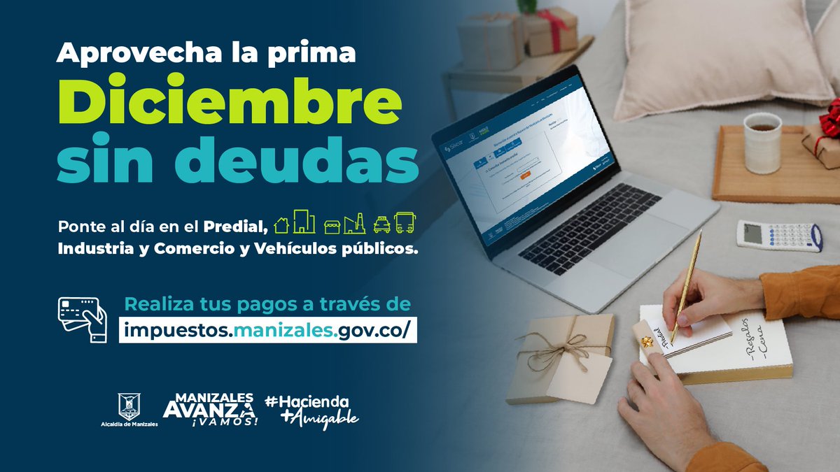 ¡Ponte al día con la ciudad, cierra el año con tranquilidad! ✅
😀Aprovecha la prima de diciembre para pagar el último bimestre del Predial. 👍🏼Los pagos son simples y pueden realizarse virtualmente en impuestos.manizales.gov.co