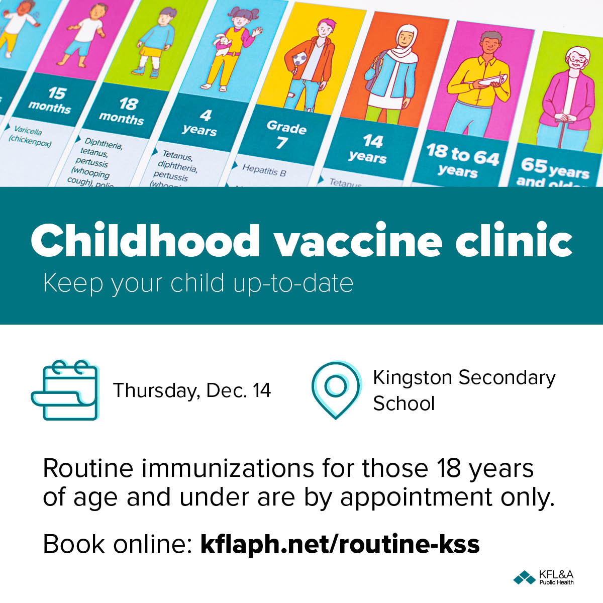 Don't miss our routine childhood immunization clinic this Thursday at KSS. Book now for all kids 18 years of age and under. kflaph.net/routine-kss
