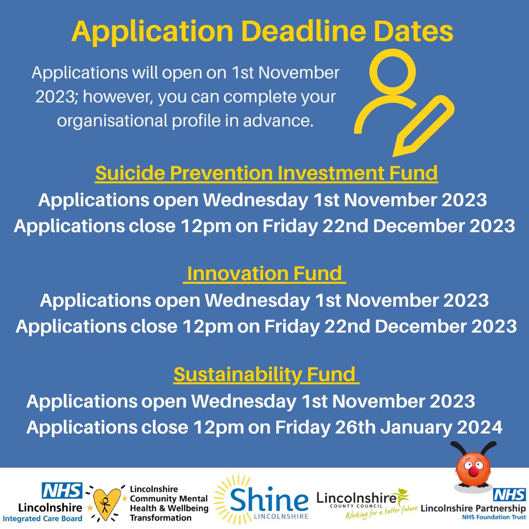 Shine Lincolnshire (@shine_lincoln) on Twitter photo ❗❗❗❗One week left to apply for SPF & MHWCIF Innovation Funds❗❗❗❗
Apply now: tinyurl.com/ApplyForShineF…
Further information: tinyurl.com/AboutShineFund…
Contact: funding@shinelincolnshire.com
<a href="/NHSLincsICB/">NHS Lincolnshire ICB 💙</a> <a href="/LPFTNHS/">Lincolnshire Partnership NHS Foundation Trust</a> <a href="/LincolnshireCC/">Lincolnshire County Council</a>
#thirdsector #funding #community #Lincolnshire ❗❗❗❗One week left to apply for SPF & MHWCIF Innovation Funds❗❗❗❗
Apply now: tinyurl.com/ApplyForShineF…
Further information: tinyurl.com/AboutShineFund…
Contact: funding@shinelincolnshire.com
<a href="/NHSLincsICB/">NHS Lincolnshire ICB 💙</a> <a href="/LPFTNHS/">Lincolnshire Partnership NHS Foundation Trust</a> <a href="/LincolnshireCC/">Lincolnshire County Council</a>
#thirdsector #funding #community #Lincolnshire