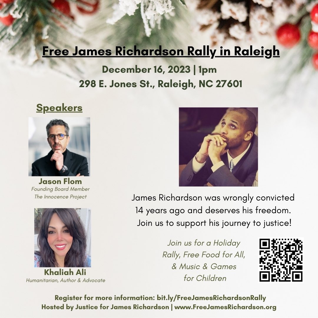 Mark your calendar’s for the Free James Richardson Holiday Rally on December 16th! Join us in the fight for justice as we petition Governor Cooper to overturn James Richardson’s wrongful conviction.

Please register for the rally: eventbrite.com/e/free-james-r…