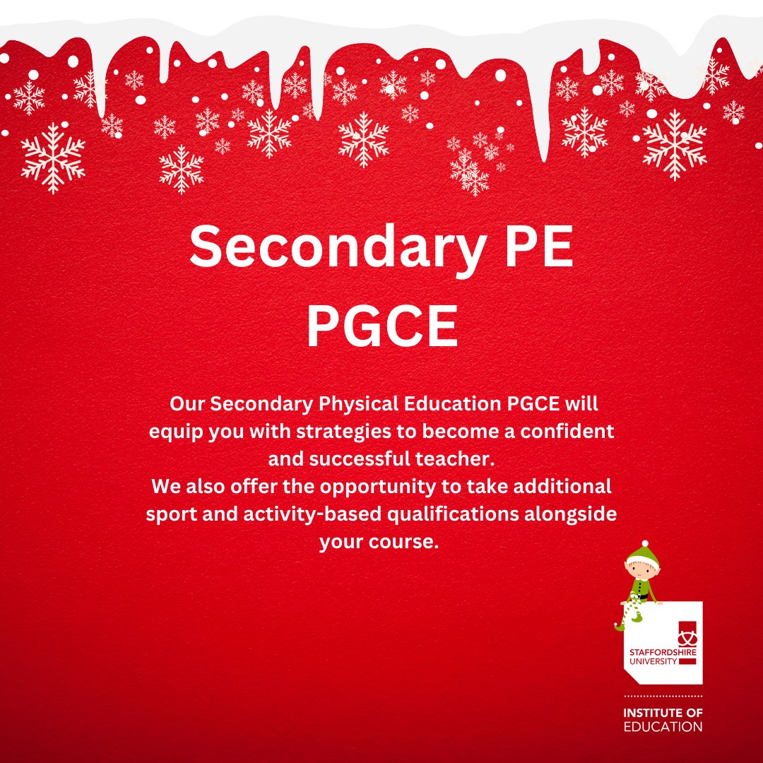 UniofStaffsIOE's tweet photo. Spotlight on our amazing PGCE courses for the #12daysofchristmas from the IOE 🎁   
Take a look: https://t.co/zbFPXXgRfR 

#PGCE #IOEStaffs #WhereYouMatter #Traintoteach #christmas #Getintoteaching @staffsuni #University #UKUniversity #Teaching #PE #PETeacher https://t.co/xXVxVPgcTE