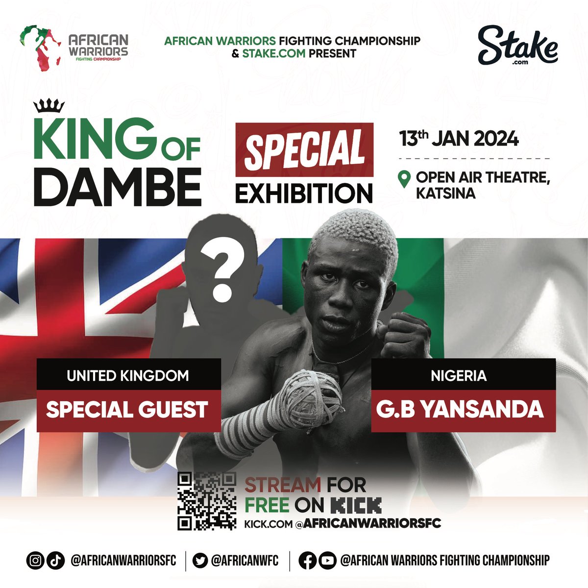 africanwfc's tweet image. African Warriors Fighting Championship is on the verge of making history with the special fight in the history of #DAMBE.

Guess on who this fighter might be, competing against our very own G.B Yansanda?

GET READY TO CROWN THE TRUE CHAMPIONS OF THE ARENA! 🥊👑 #KingOfDambe #AWFC