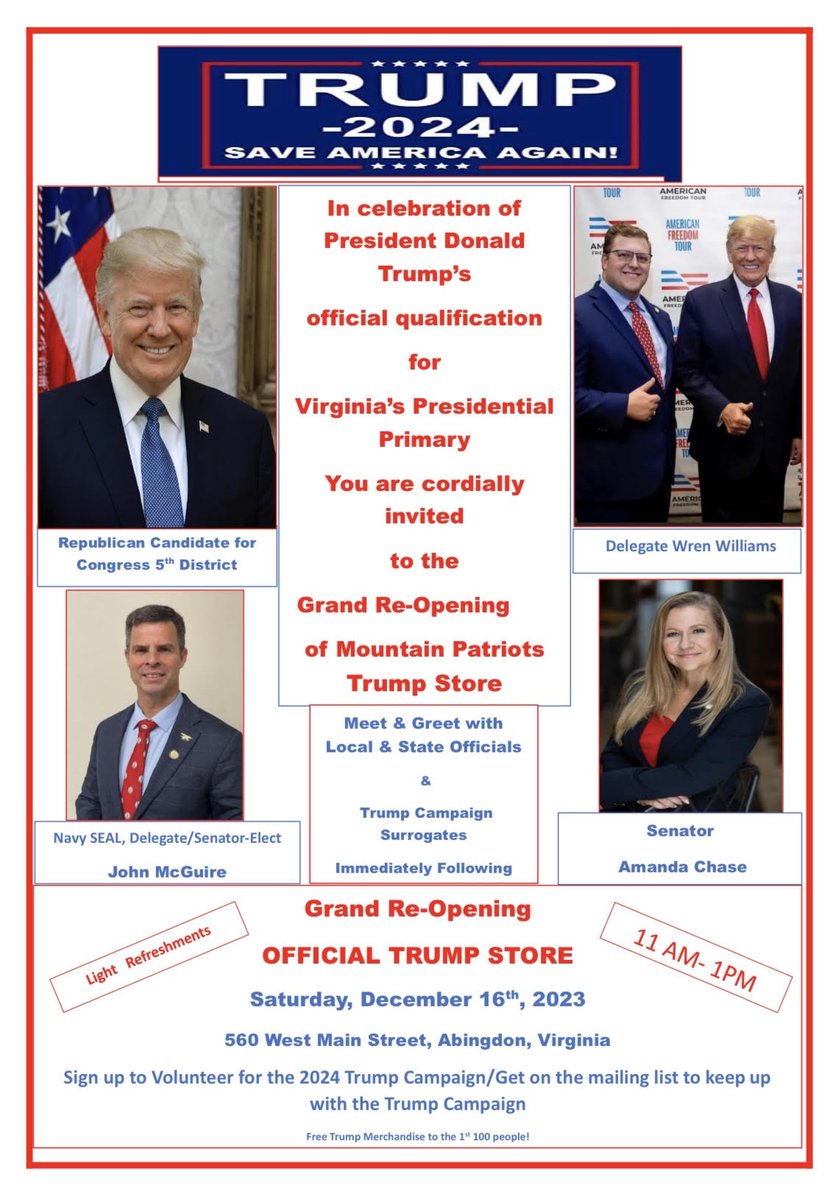 Join me this Saturday, December 16 at 11:00am in Abingdon to help celebrate the reopening of the Mountain Patriots Trump Store! See you there!