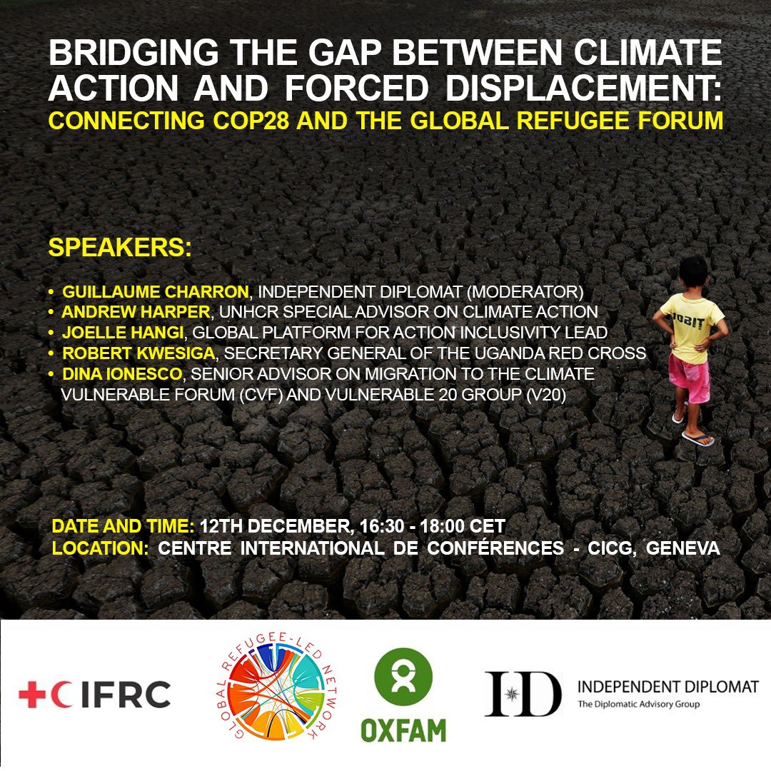 Excited to co-host this Global Refugee Forum Linked Event on bridging the gap between COP and GRF alongside @Oxfam, @ifrc, and @GrnRefugees. Happening tomorrow afternoon in Geneva— details in the graphic below! #GRF2023 @unhcr