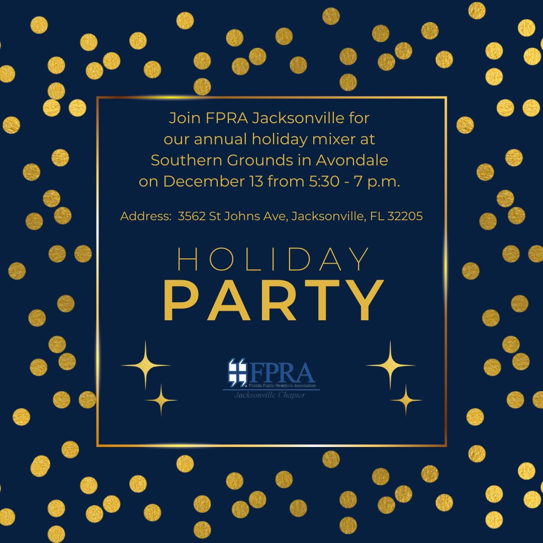 ✨2 days until the FPRA Jax Holiday Party ✨

Enjoy refreshments with FPRA Jacksonville during our annual chapter holiday party at Southern Grounds in Avondale.

Members attend for free, and guests are welcome ($15 fee).

Sign up to attend ➡️ bit.ly/3un5w7S