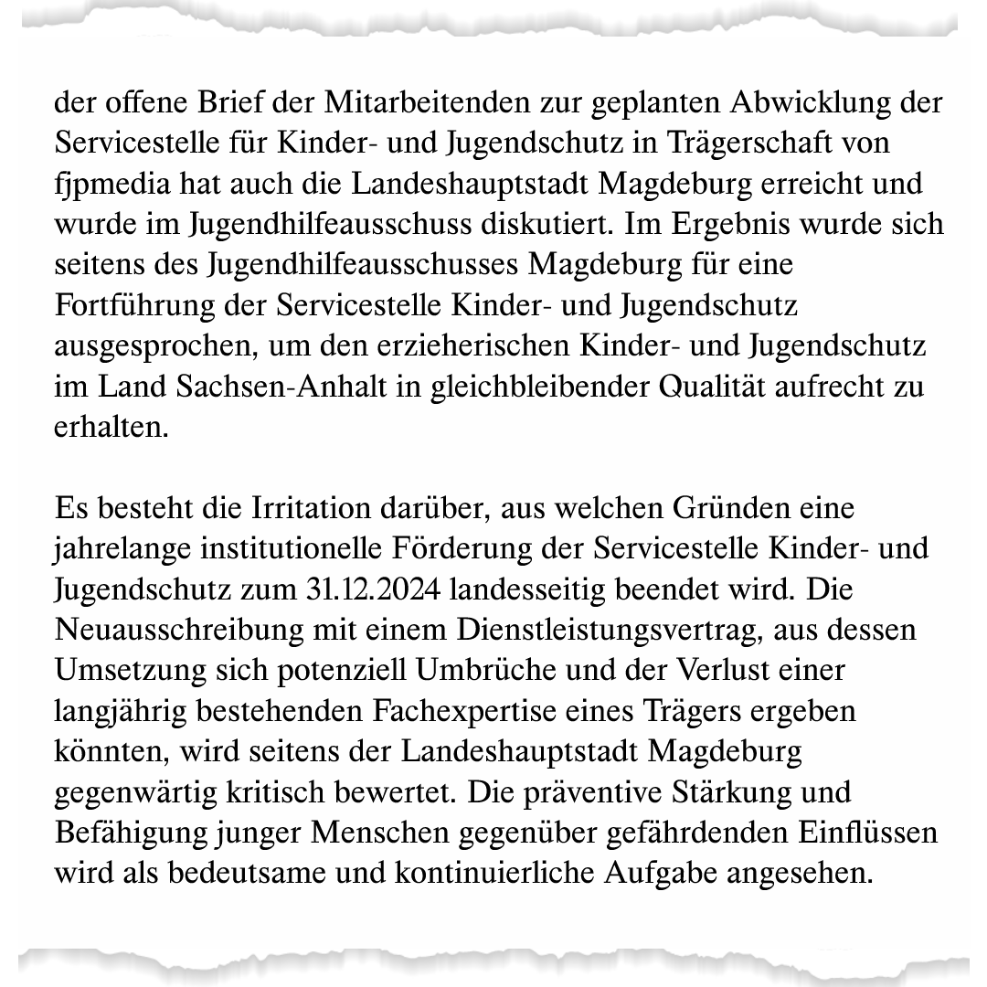 fjp_media's tweet photo. Heute im #Jugendschutz-Arbeitskreis der Jugendämter haben sich alle Anwesenden aus den Landkreise und kreisfreien Städten einhellig für einen Weiterbestand der @Servicestelle ausgesprochen. 
Von @Ottostadt und @Dessau_Rosslau gibt's dazu auch Schreiben.
https://t.co/U4KK5E9BKo https://t.co/SG931lhMIw