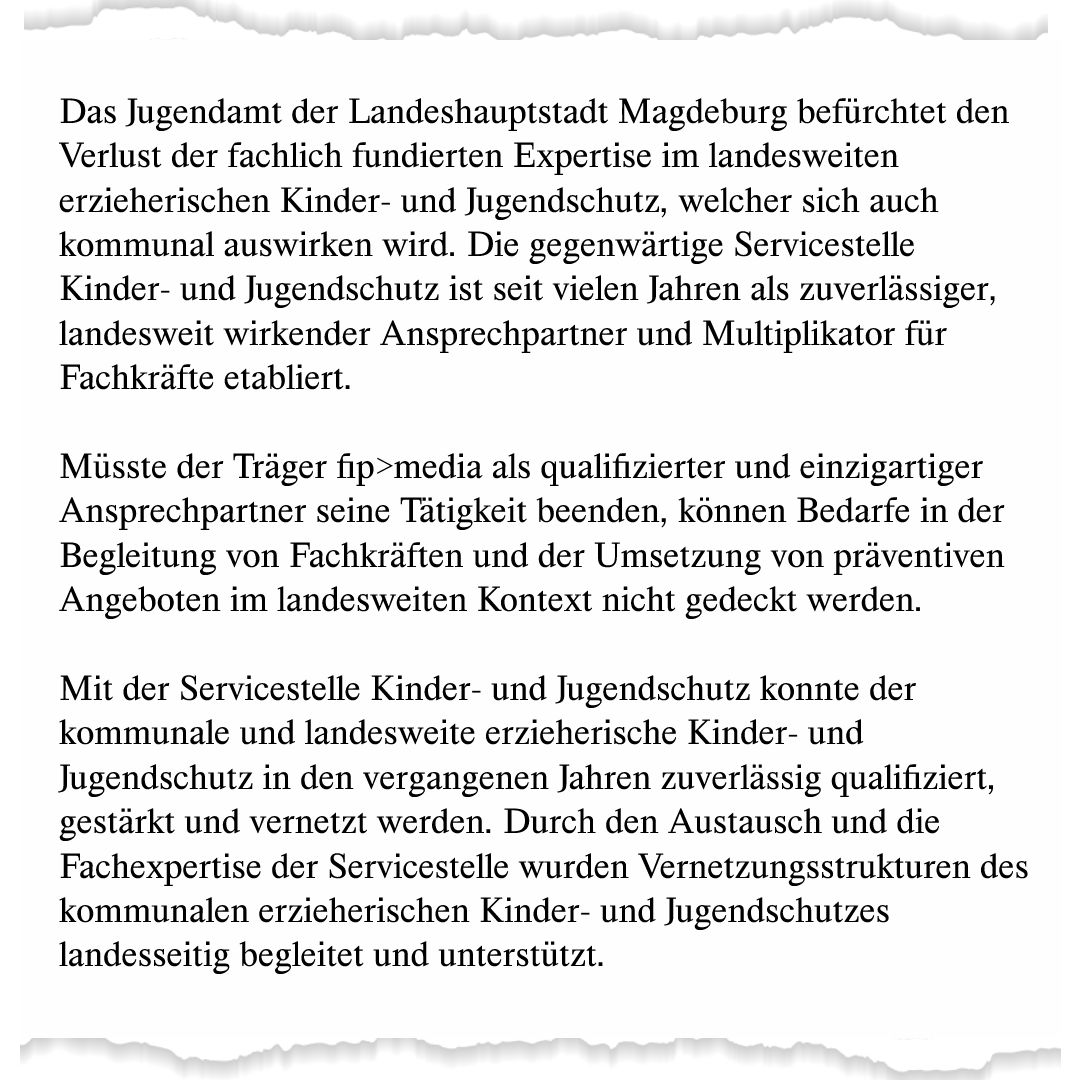 fjp-media (@fjp_media) on Twitter photo Heute im #Jugendschutz-Arbeitskreis der Jugendämter haben sich alle Anwesenden aus den Landkreise und kreisfreien Städten einhellig für einen Weiterbestand der @Servicestelle ausgesprochen.
Von <a href="/Ottostadt/">Ottostadt Magdeburg</a> und <a href="/Dessau_Rosslau/">Stadt Dessau-Roßlau</a> gibt's dazu auch Schreiben.
servicestelle-jugendschutz.de/2023/11/inform… Heute im #Jugendschutz-Arbeitskreis der Jugendämter haben sich alle Anwesenden aus den Landkreise und kreisfreien Städten einhellig für einen Weiterbestand der @Servicestelle ausgesprochen.
Von <a href="/Ottostadt/">Ottostadt Magdeburg</a> und <a href="/Dessau_Rosslau/">Stadt Dessau-Roßlau</a> gibt's dazu auch Schreiben.
servicestelle-jugendschutz.de/2023/11/inform…