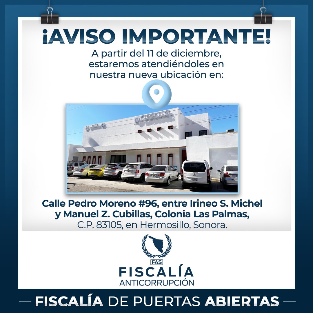 📍Nuevo domicilio 

📢 A partir de hoy lunes 11 de diciembre, estamos para atenderte en nuevo domicilio: Calle Pedro Moreno #96 entre Irineo Michel y Manuel Z. Cubillas, colonia Las Palmas, en Hermosillo, Sonora.