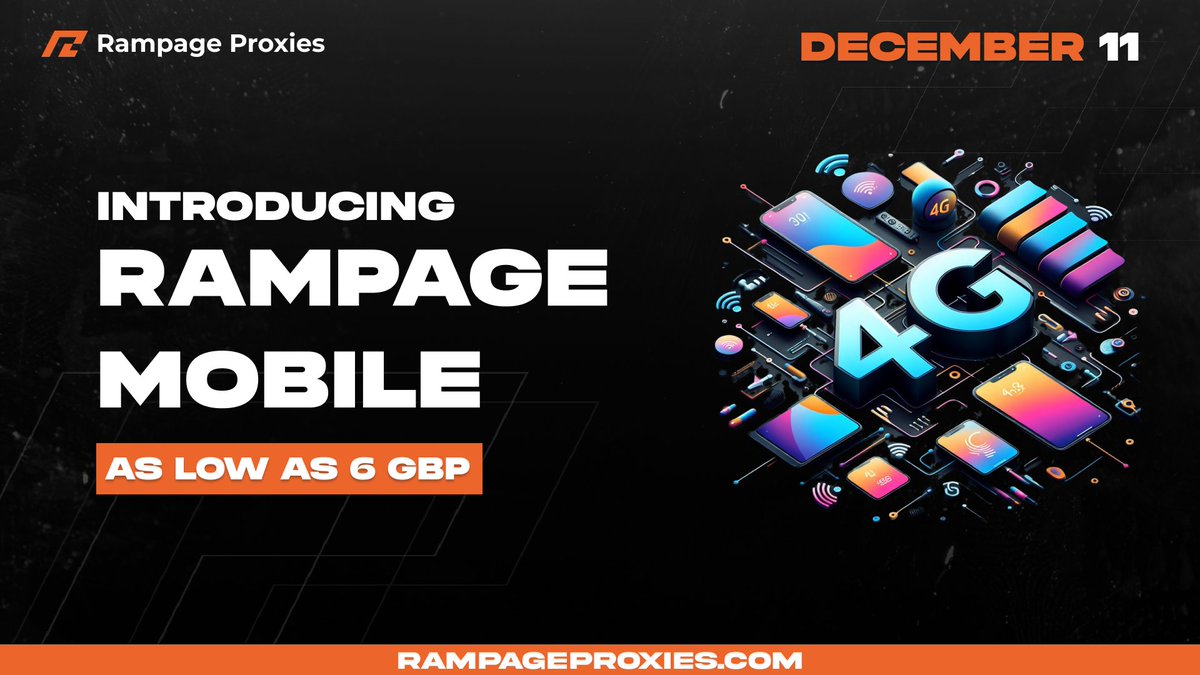 Introducing Rampage Mobile Proxies! We've worked hard alongside our core residential product to provide proxies for the hardest of sites, which even residential struggle on. We're thrilled to introduce the brand new and enhanced Rampage Mobile Proxies priced as low as £6/GB