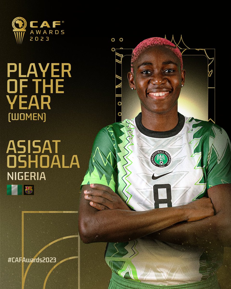 THE SIXTH! 🤩

Asisat Oshoala is the 2023 Women’s Player of the Year! 🤩

𝐖𝐇𝐀𝐓 𝐀 𝐘𝐄𝐀𝐑! 🔝 

#CAFAwards2023