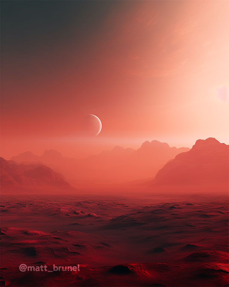 ~ Ai today's • Red fog on Mars desert ~

→ 5 words prompt ☝️
→ Set-up & tips in alt 👇

You can share your creation if you want, just here 🙂

#aiarcommunity #aiart #midjourney #promptshare #promptstips #aitodays #matt_brunel #MartianLandscape
