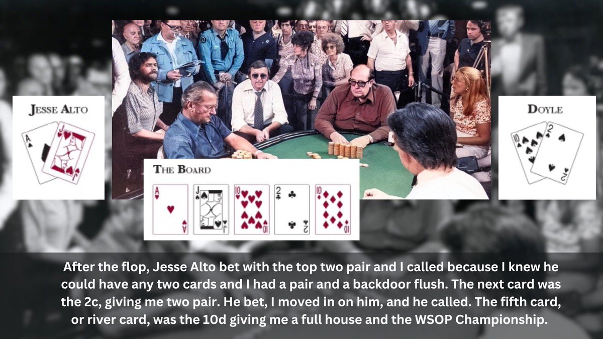 The 1976 @WSOP Main Event saw Doyle heads up against Jesse Alto for the bracelet. Alto was an amateur who worked full time as a car salesman. 10-2 wouldn't be known as the 'Doyle Brunson' for another year but this hand planted the seed.