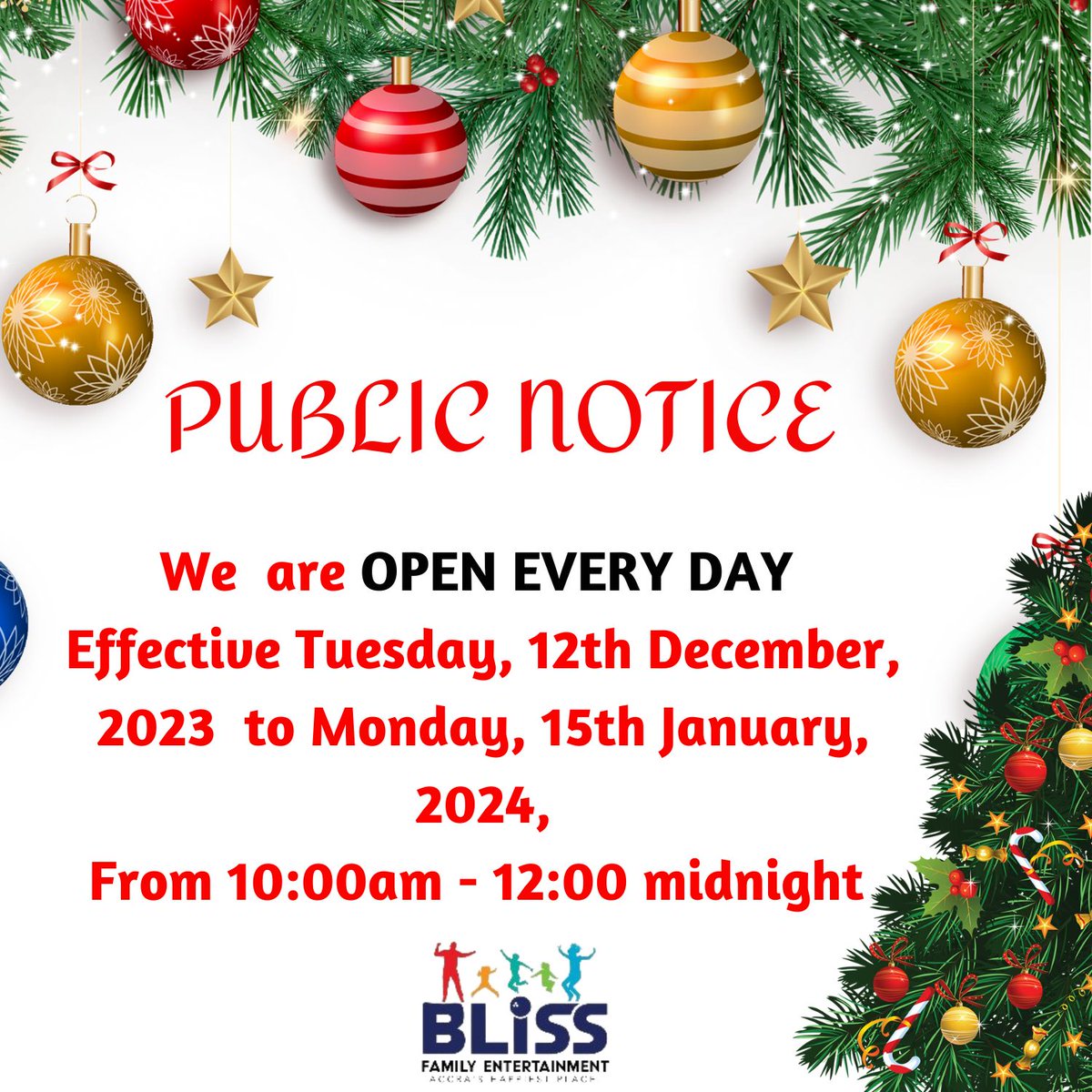 BlissFamEnt's tweet photo. To all our cherished clients and the general public, We are open every day from 12th December 23 - 15th January, 2024.
#superclass #kotoko #DecemberIssaVybe #Christmas https://t.co/fiL1ADZppO