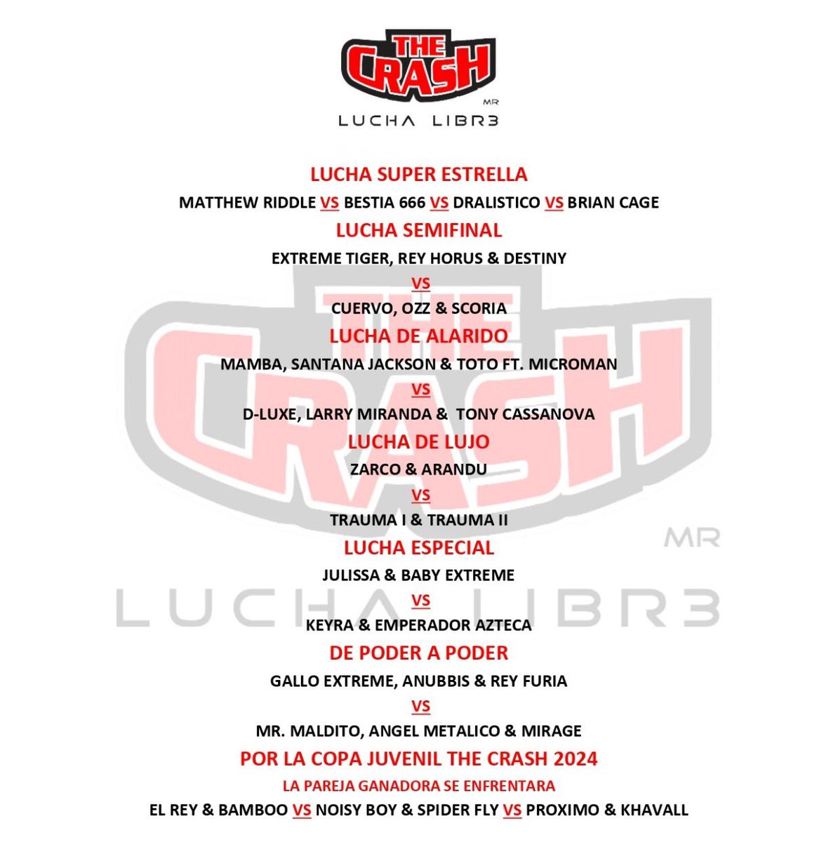 ¡CARTELERA COMPLETA!

Este 19 de Enero 2024, Auditorio de Tijuana 8:30 P.M.

Puntos de Venta: 
📍bit.ly/BoletosTheCras…
📍 Oficinas Dentro de Auditorio de Tijuana 
📍Farmacias Roma 

#TheCrashLuchaLibre #Tijuana
