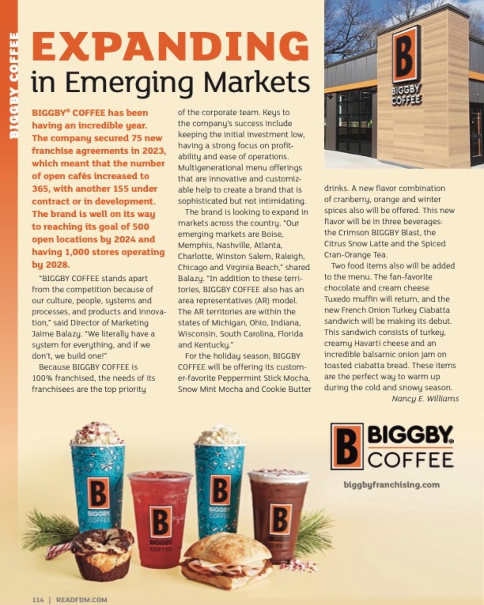 Expanding in Emerging Markets...BIGGBY® COFFEE has been having an incredible year having secured 75 new franchise agreements in 2023.  The brand is well on its way to reaching its goal of 500 open locations by 2024 fdm.franchisedictionarymagazine.com/books/yvzr/#p=…
<a href="/BiggbyCoffee/">BIGGBY® COFFEE</a>
#readfdm   #BiggbyCoffee