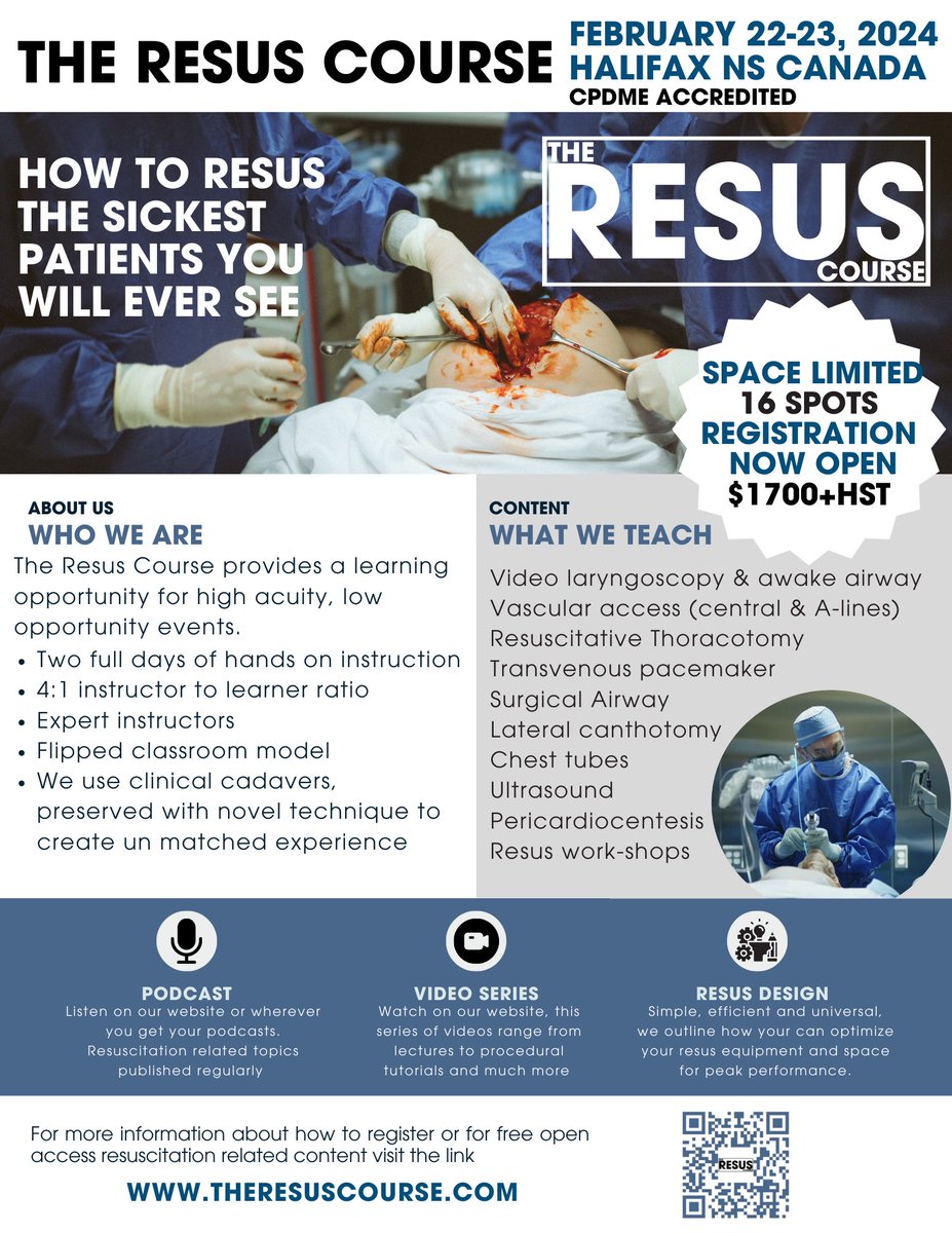 Now open for registrations for our 2 day course Feb 22-23, 2024.

Register for the course on the website

theresuscourse.com

Hit the register button to get to the event page. 

Fill out the form and payment option at the bottom!

Cost is $1700(CAD)+ HST

<a href="/DalEMCanada/">@DalEM</a>