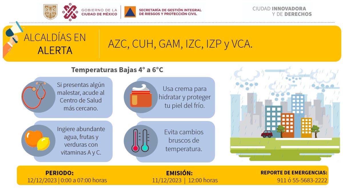 Se activa Alerta Amarilla por pronóstico de temperaturas bajas para el amanecer del martes 12/12/2023 en las demarcaciones de @AzcapotzalcoMx, @AlcCuauhtemocMx, @TuAlcaldiaGAM, @IztacalcoAl, @Alc_Iztapalapa y @A_VCarranza. #LaPrevenciónEsNuestraFuerza