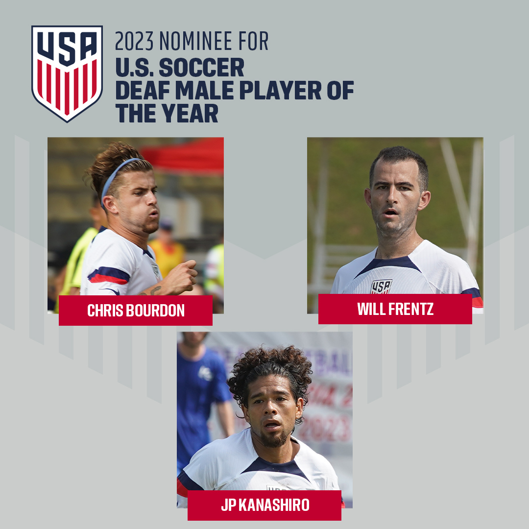 Your 2023 U.S. Soccer Deaf Male Player of the Year nominees are… 🏆 Chris Bourdon 🏆 Will Frentz 🏆 JP Kanashiro 🗳️» ussoc.cr/23FanVotePOTY