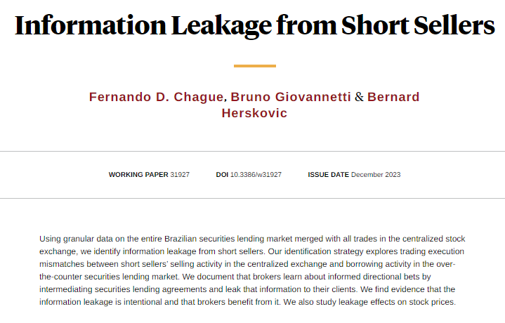 nberpubs's tweet photo. Brokers learn about informed directional bets by intermediating securities lending agreements and leak that information to their clients, from @fdchag, Bruno Giovannetti, and Bernard Herskovic https://t.co/E4nvX9ZUCM https://t.co/swUvyfA6Ci