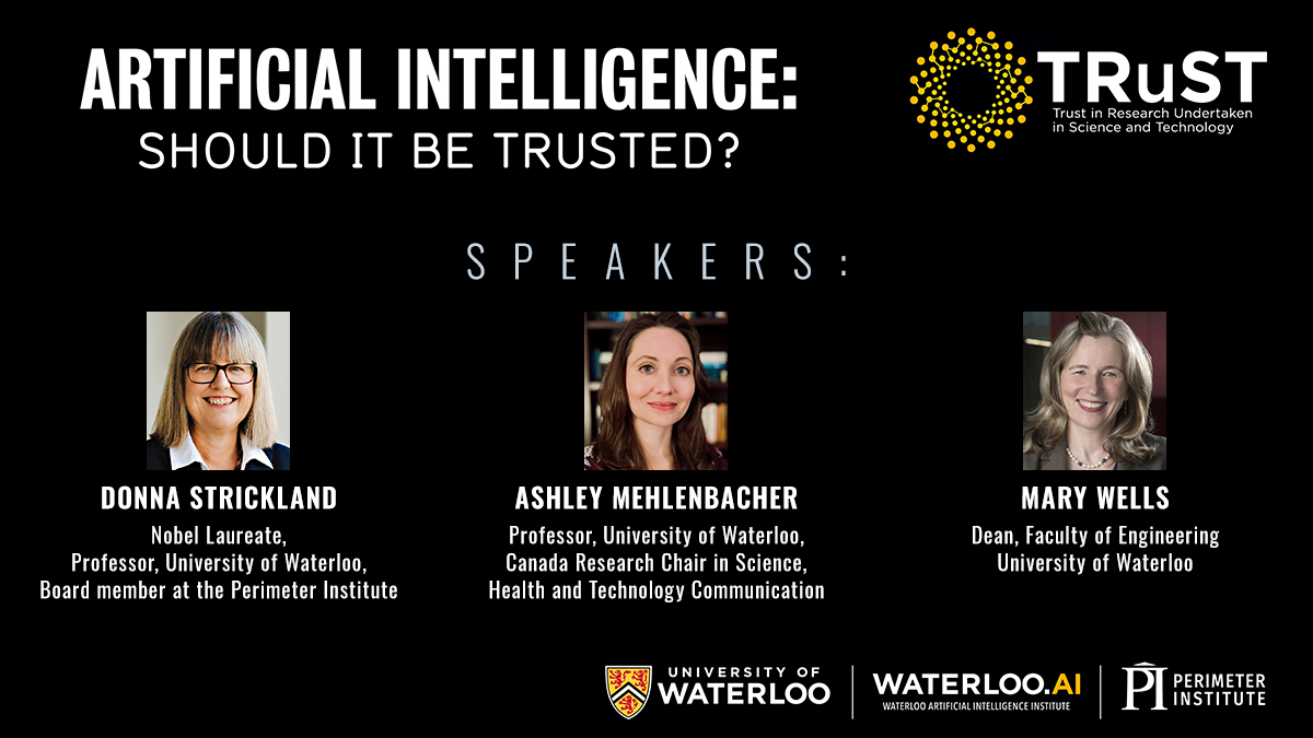 Perimeter's tweet image. In a partnership with @UWaterloo, Perimeter Institute will be hosting a panel titled “Artificial Intelligence: Should It Be Trusted?”

Here are the speakers introducing the panel! 

Stay tuned for more details! 

#AI #TechDiscussion #Partnership
