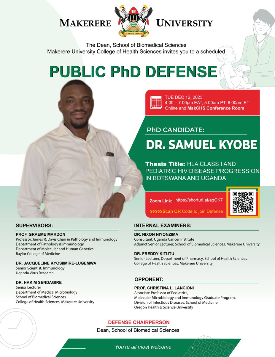 Tomorrow is Dr. Samuel Kyobe's PhD Defense Time: 4:00 pm EAT, 5:00 am PT, 8:00 am ET Venue: Online and MakCHS BoardRoom Join us on Zoom: zoom.us/j/99380099497?… Meeting ID: 993 8009 9497 Passcode: 781673