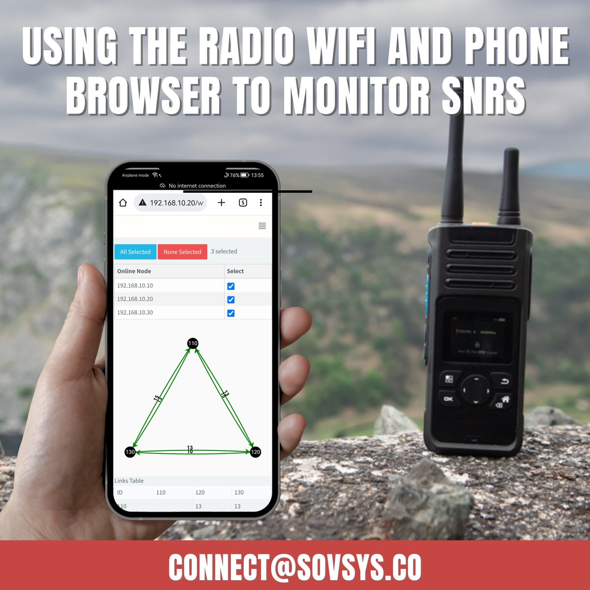 One of the uses of the radios WiFi is to connect a device such as smartphone and monitor SNR as you are the move.  #mesh #ipmesh #meshradio #meshnetwork #firstresponder #emergencyresponse #securecomms #securecommunications #sovsys #leo #bordercontrol #convoy #security