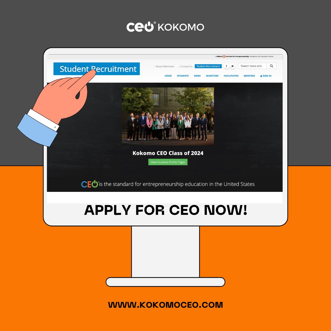 The application for Kokomo CEO is open! Visit kokomoceo.com and click the banner to apply. All areas must be submitted by January 12. For more information, contact your counselor or a current CEO teammate.