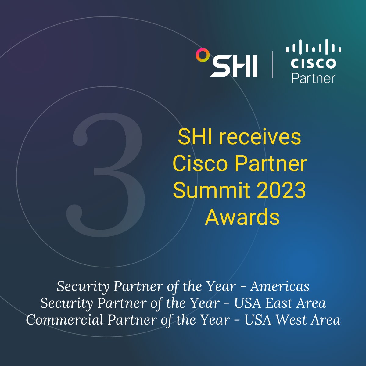 Three awards = TRIPLE the excitement when commending our outstanding partnership with Cisco.
Want to know how the SHI - Cisco partnership can benefit YOU?
Visit shi.com/cisco and/or contact your account team today.
#PartneringWithSHI #WeAreSHI #Cisco