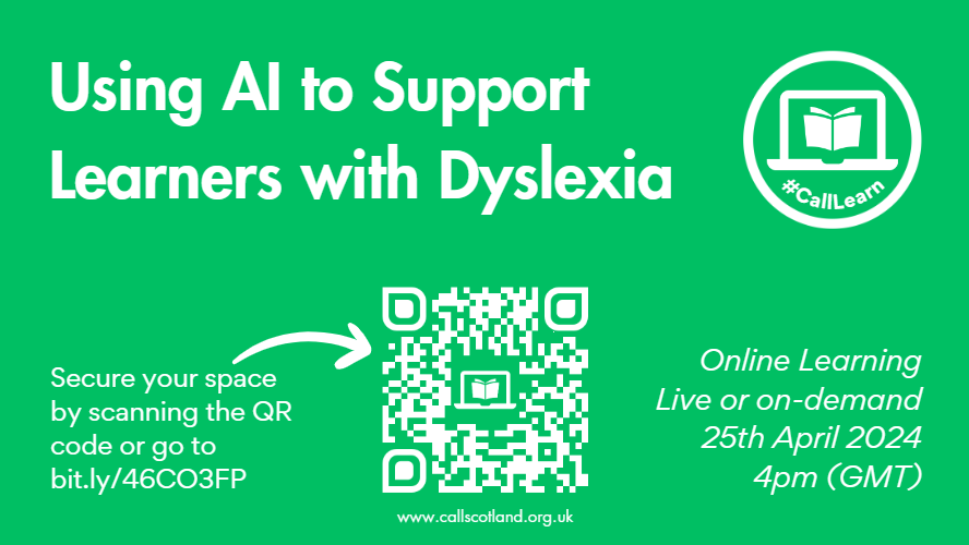 Have you thought about embedding the use of AI tools in your classroom?  Join Craig and Paul in this hour long #CallLearn workshop on 25th April as they explore the exciting world of AI technologies that could support your learners with dyslexia.