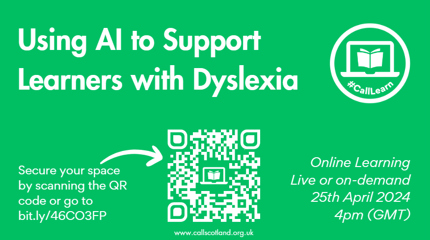 CALLScotland's tweet photo. You still have time to sign up to join us live or later on demand for next Thursday’s #CallLearn workshop where Craig and Paul will explore the world of AI. 

They will focus on ways in which the use of AI could support your learners with dyslexia. https://t.co/cqQZmW8Z0P