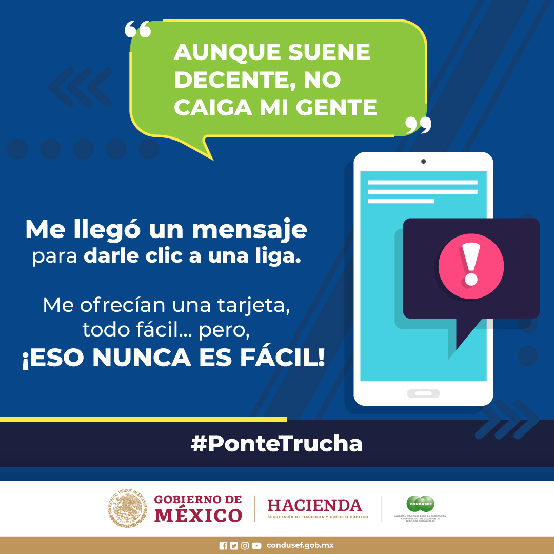 #PonteTrucha Si te piden muy pocos requisitos para ofrecerte una tarjeta de crédito o un préstamo, ¡piénsalo dos veces! Que no te engañen tan fácil. #FraudesFinancieros #LaTransaNoDescansa