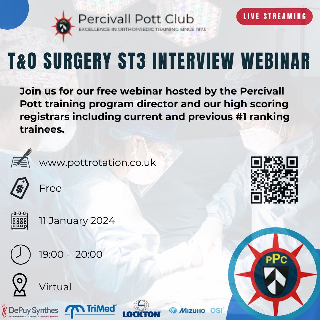 We’re excited to welcome all trauma & orthopaedic surgery ST3 candidates to our Percivall Pott free interview webinar! Link for registration: pottrotation.co.uk/courses Alternatively, use our QR code to take you to the event page. @pramodachan @srin_ran