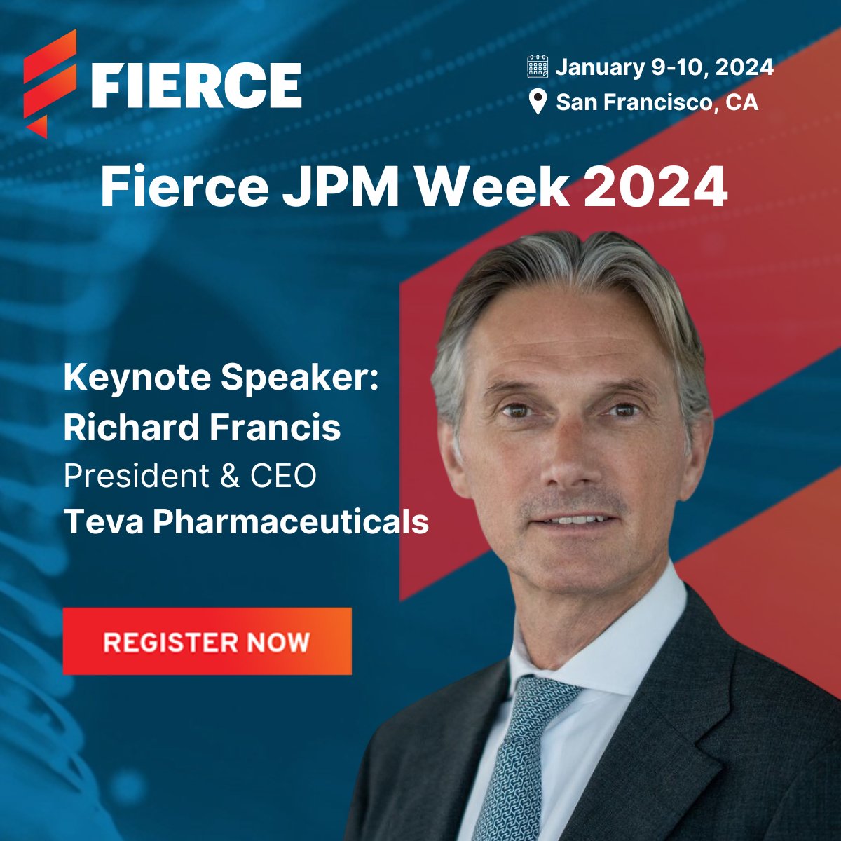 📢We are thrilled to have Richard Francis, President and CEO, at @TevaUSA as a Keynote Speaker at Fierce JPM Week 2024 on Jan 9-10th! 🎟️Register Now! ➡ ow.ly/q2RG50QbIC7 #FierceJPMWeek #WeAreFierce #FierceBiotech #FiercePharma #JPMWeek