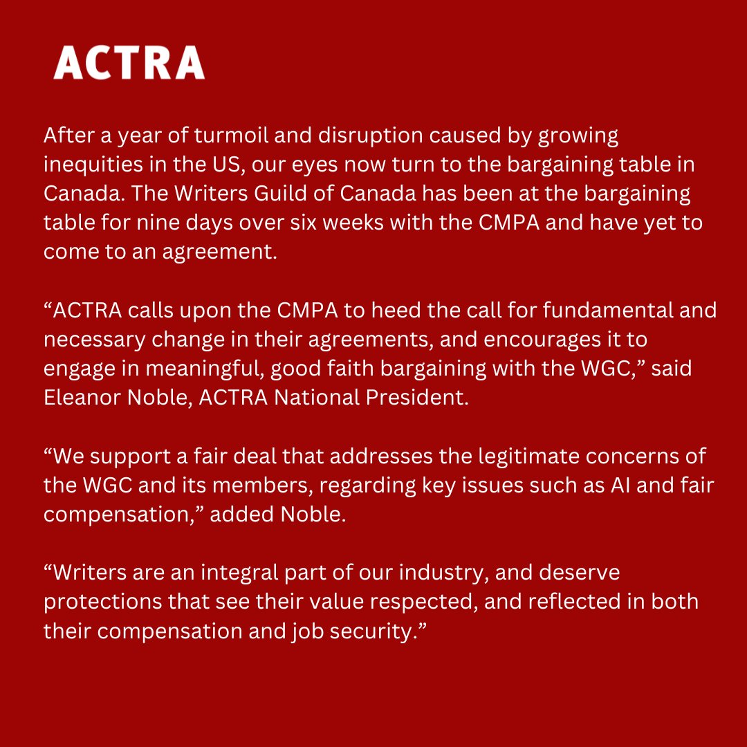 ACTRA National (@actranational) on Twitter photo ACTRA fully supports <a href="/WGCtweet/">Writers Guild of Canada</a> on a fair deal that addresses fundamental concerns from its members.
“Writers are an integral part of our industry, and deserve protections that see their value respected, and reflected in both their compensation and job security." <a href="/actrapresident/">@ACTRApresident</a> ACTRA fully supports <a href="/WGCtweet/">Writers Guild of Canada</a> on a fair deal that addresses fundamental concerns from its members.
“Writers are an integral part of our industry, and deserve protections that see their value respected, and reflected in both their compensation and job security." <a href="/actrapresident/">@ACTRApresident</a>