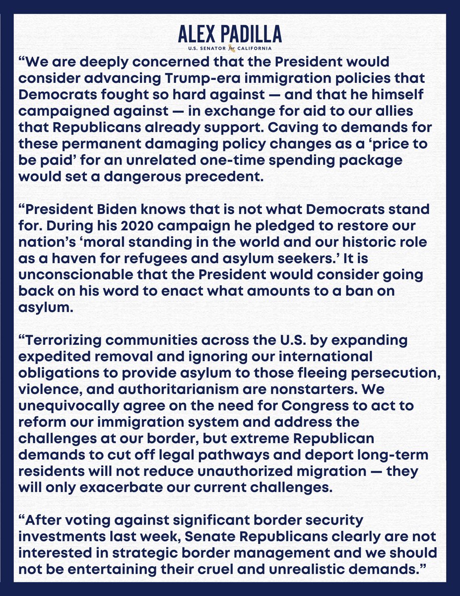 We cannot cave to demands for cruel Trump-era immigration policy as a ‘price to be paid’ for aid to our allies. It's alarming that @POTUS would consider expanding expedited deportations for long-term immigrants & gutting asylum. My statement with @HispanicCaucus Chair Barragán: