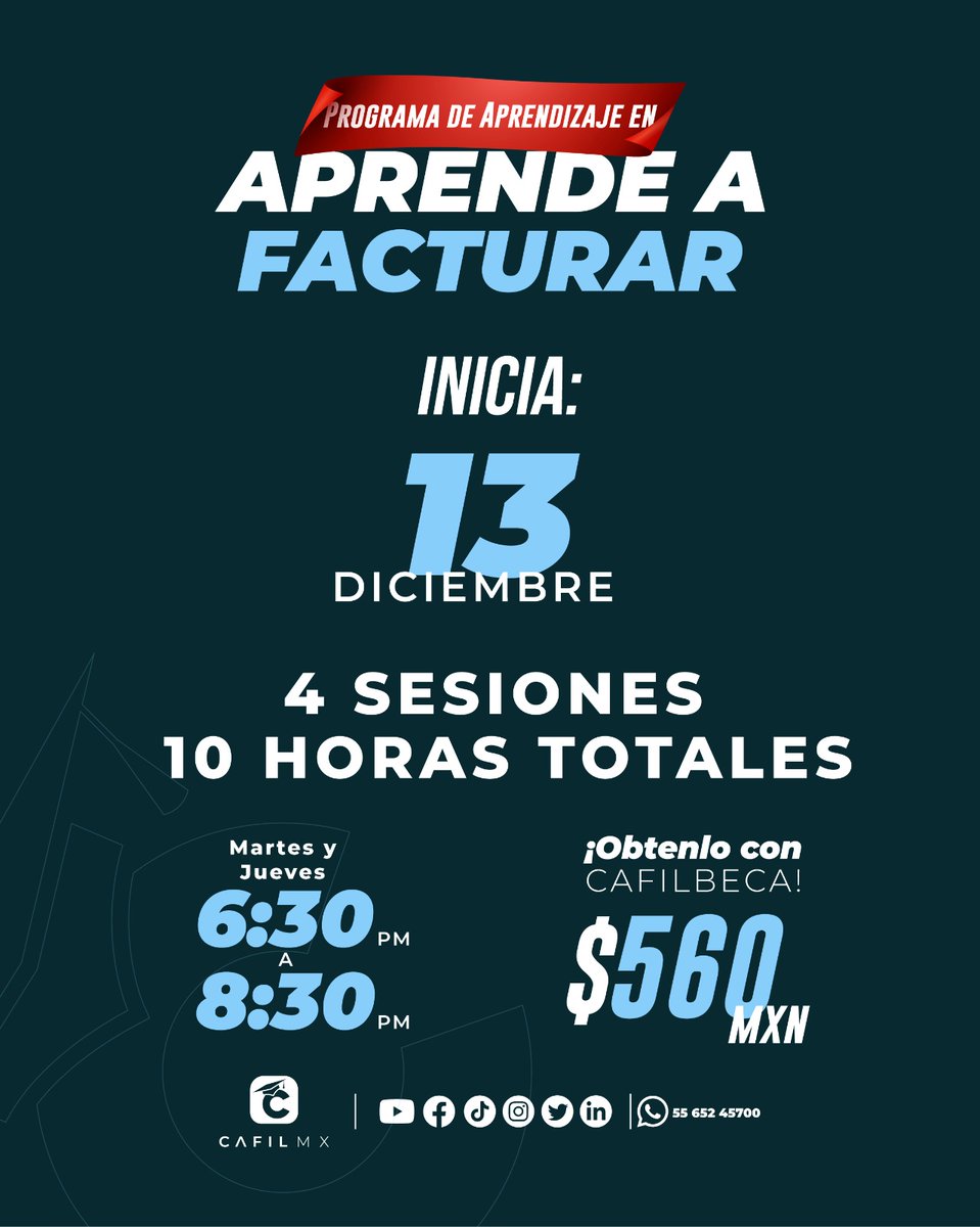 ¡Inicia el año facturando! 😎💵

Inscríbete  a nuestro próximo grupo de "Aprende a facturar" y comienza a generar tus propias facturas.

Este nuevo año, tu independencia financiera estará a solo un clic de distancia 💻💸

Inscríbete acá 🔗wa.link/ed5v5x

#Factura #SAT