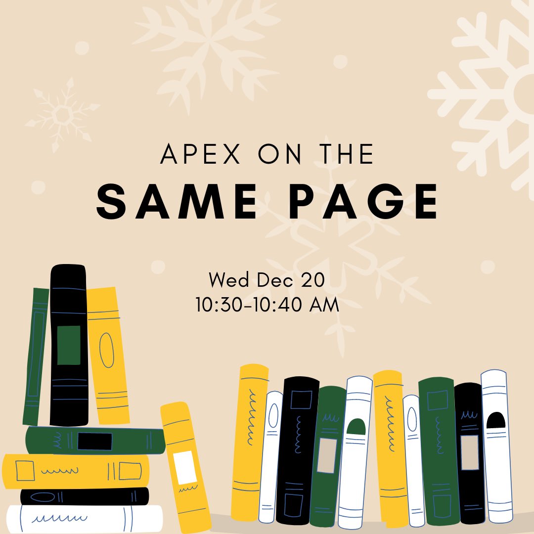 ApexHSLibrary's tweet image. On 12/20 at 10:30 @ApexHighSchool is stopping everything to read for ten minutes. We would love the community to join us. #apexonthesamepage 
💚📚💛📖🖤