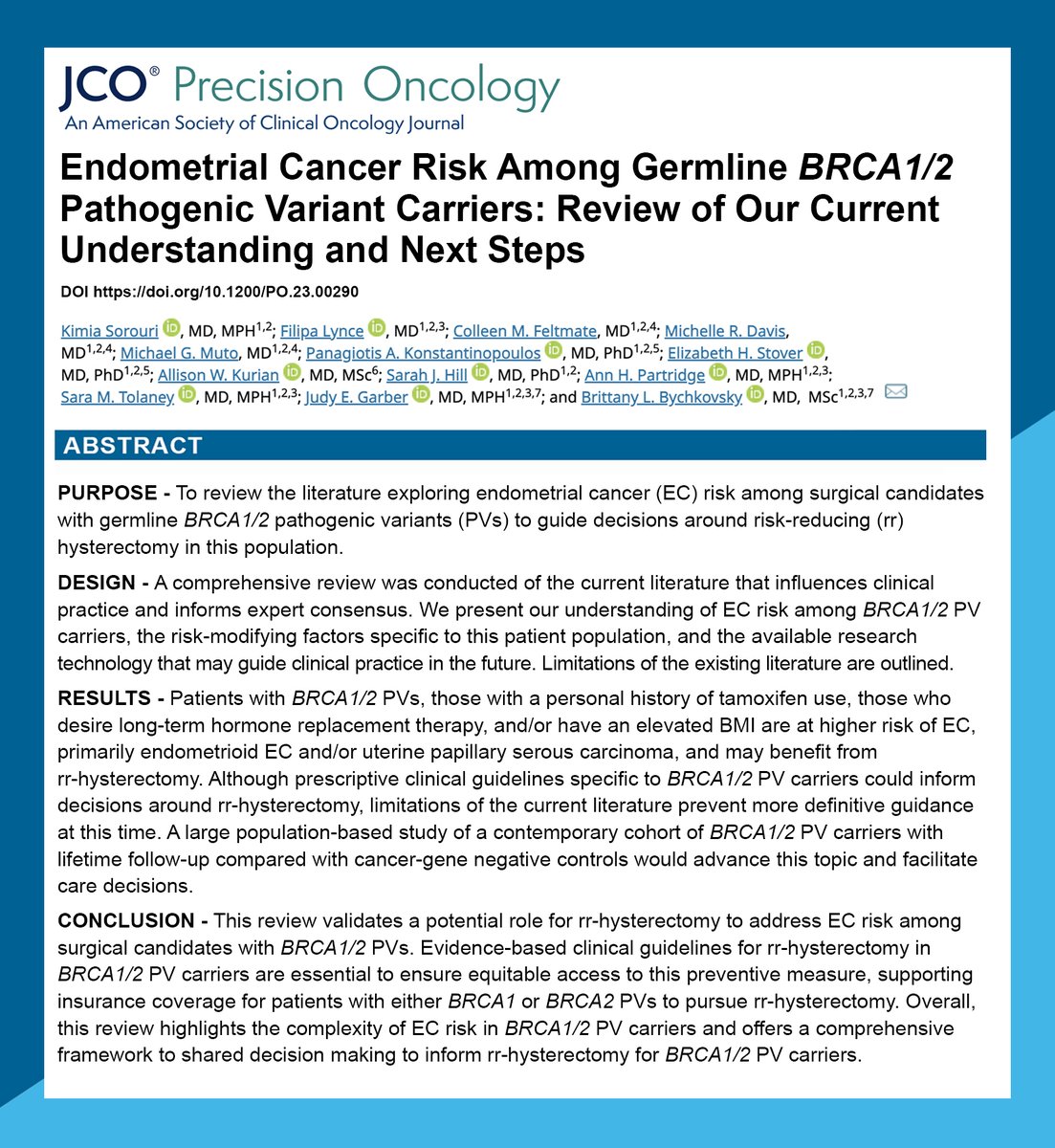 Excited to share 📃✅Endometrial Cancer Risk Among Germline BRCA1/2 Pathogenic Variant Carriers: Review of Our Current Understanding and Next Steps @DrBBychkovsky @KimiaSorouriMD @FilipaLynce @AnnPartridgeMD @stolaney1 @judygarber5 #BreastCancer #BRCA #EndometrialCancer