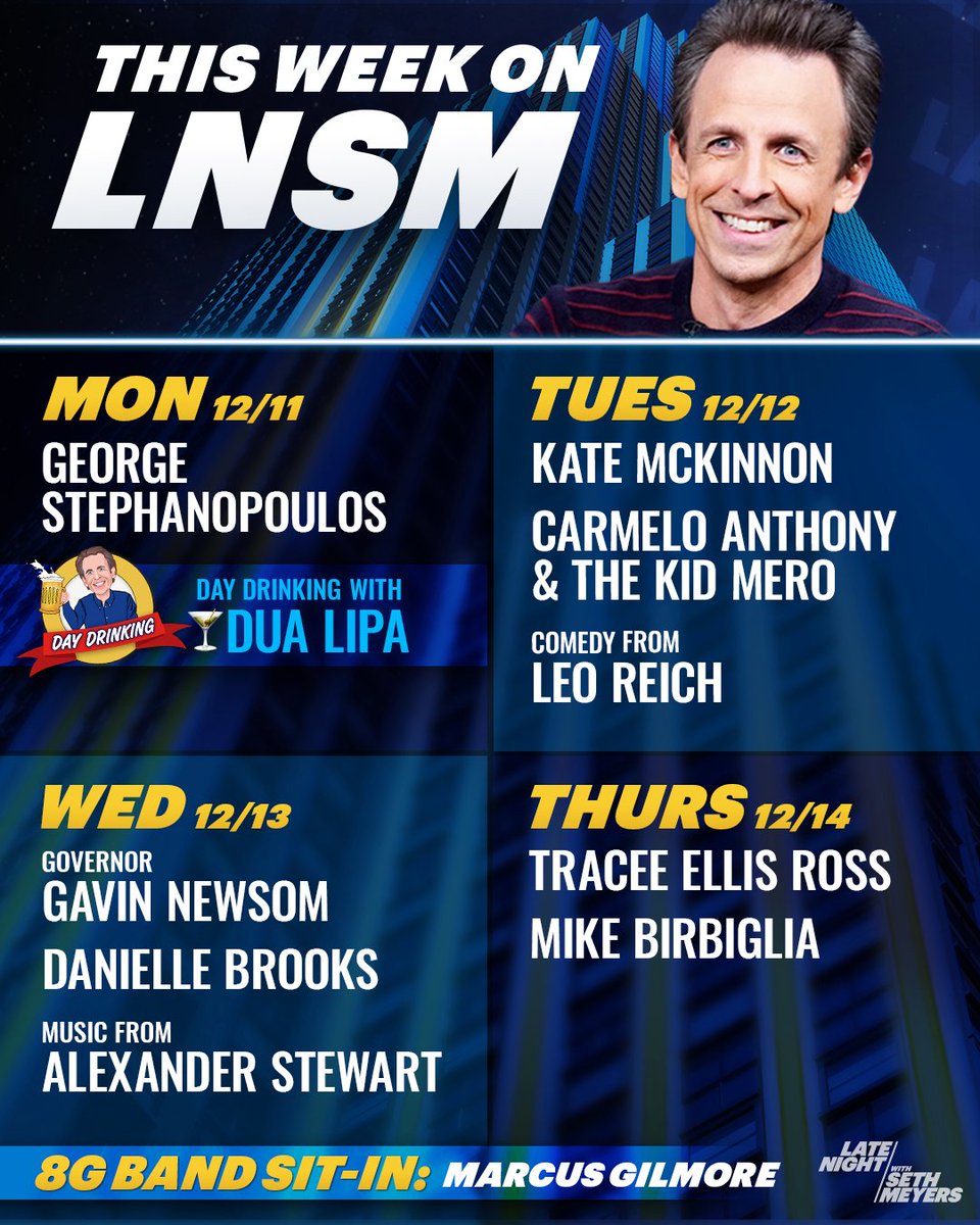 This week @sethmeyers is joined by George Stephanopoulos (@GStephanopoulos), Kate McKinnon, @carmeloanthony & @THEKIDMERO, Leo Reich (@leoistired), Gov. @GavinNewsom, Danielle Brooks (@thedanieb), Alexander Stewart (@_alexanderstew), @TraceeEllisRoss and Mike Birbiglia…