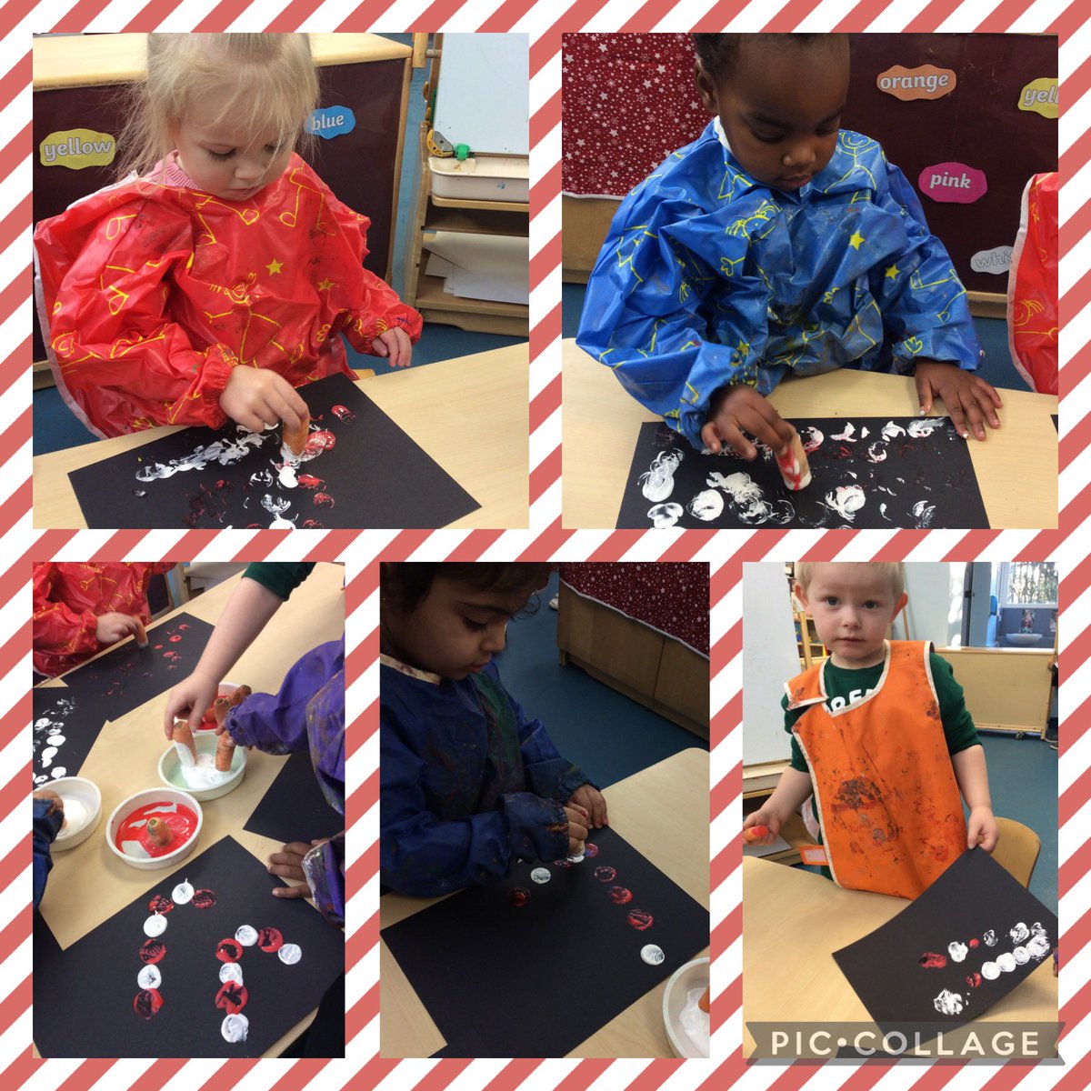Redscope_EY's tweet image. We noticed some of our carrots for snack had gone off so we put them to good use! 🥕♻️ We used them to create candy cane patterns with paint 🎨 @RedscopeSchool #mathsinaction #recycle
