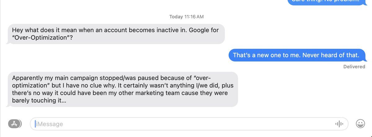 ScottOmiller's tweet image. Hey, #ppcchat folks. Has anyone else had your #googleads campaign or account get flagged for &quot;over-optimization&quot;? This is news to me.