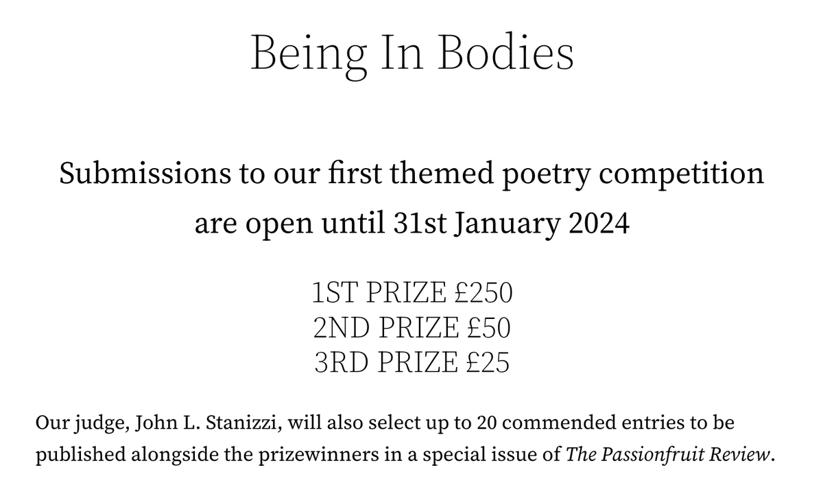Passionfruitlit's tweet photo. Are you a poet?

Do you have a body?

If you answered 'yes' to both, we want to hear from you!

https://t.co/PjPsK6sDht https://t.co/jKHm4A2fL3