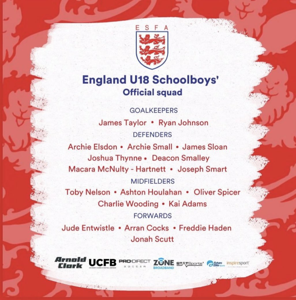 🏴󠁧󠁢󠁥󠁮󠁧󠁿 ESFA update…. Congratulations to Archie Elsdon and Kai Adams who have been selected to represent England Schoolboys in the prestigious SAFIB Centenary Shield. Archie and Kai will meet up with their England team mates in February. ⚽️🏴󠁧󠁢󠁥󠁮󠁧󠁿👏