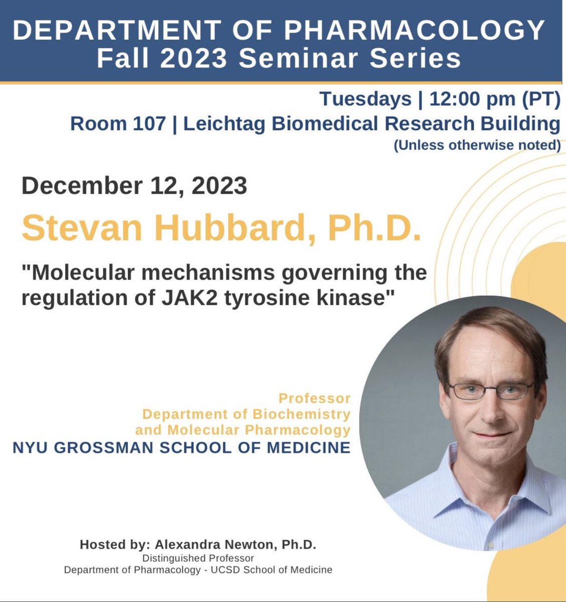 Tomorrow - Tuesday Dec 12 at noon - Leichtag 107 -👇 Stevan Hubbard, NYU Grossman School of Medicine, presents @UCSDPharm seminar on molecular mechanisms governing the regulation of JAK2 tyrosine kinase. @salkinstitute @UCSDBMS @ucsdbiosciences @UCSDChemBiochem