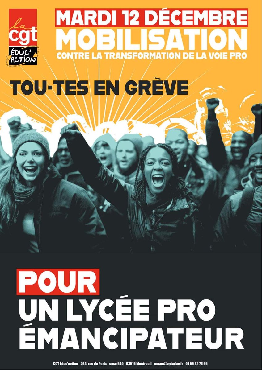 🚨🚨Demain 12 décembre, toutes et tous en GREVE avec la CGT Éduc'action pour défendre les LP et s'opposer à la réforme Grandjean-Attal de l'enseignement pro!
🫵🫵 On compte sur vous! 
#sauverleslp #cgtenlutte #cgteduc #ENGREVE #12decembre #mobilisation