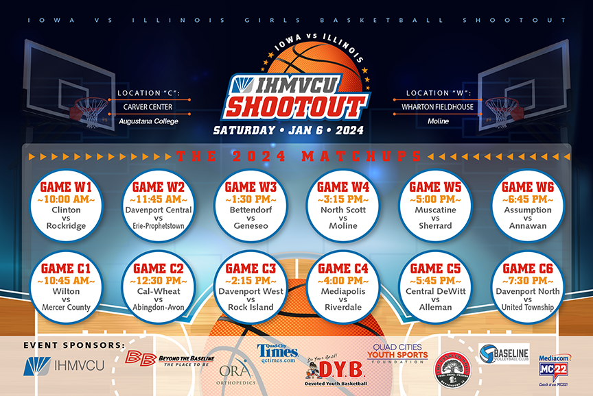 Cheer on our Saber girls basketball team this Saturday in the 2024 IHMVCU Girls Shootout! Students in 8th grade and younger get in FREE! Game starts at 5:45 p.m. at Augustana College’s Carver Center. General admission is $6, which is good for all day. Tickets available at door.