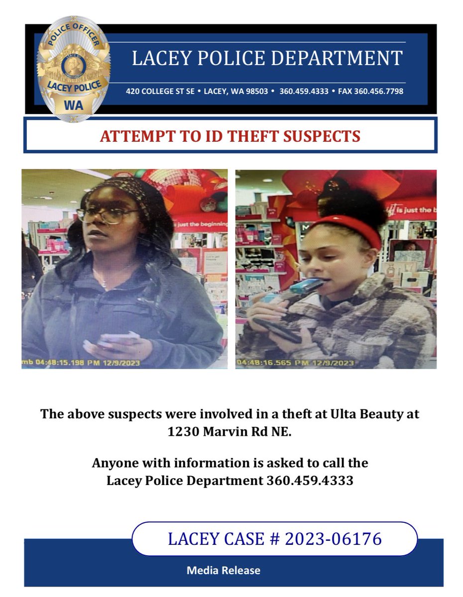 LaceyPolice's tweet photo. ๐จDo you recognize either of these women?๐จThey stole some things from Ulta, and that's #NotCool ๐ #AttemptToID #PleaseHelp #LaceyPD https://t.co/w8fPscKXAH