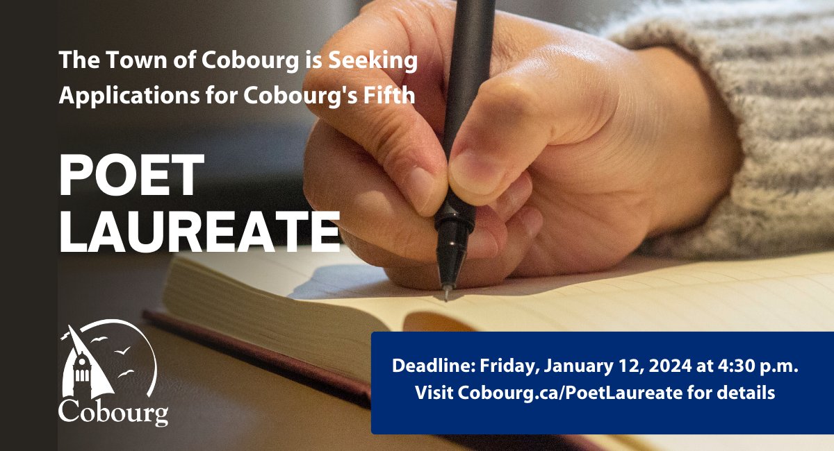ARTS & CULTURE: The Town of Cobourg’s Poet Laureate Nominating Ad Hoc Committee is seeking the town’s next Poet Laureate and invites interested community members to apply.📖 👉 To learn more, visit Cobourg.ca/PoetLaureate 📅 Applications due January 12, 2024, at 4:30 p.m.