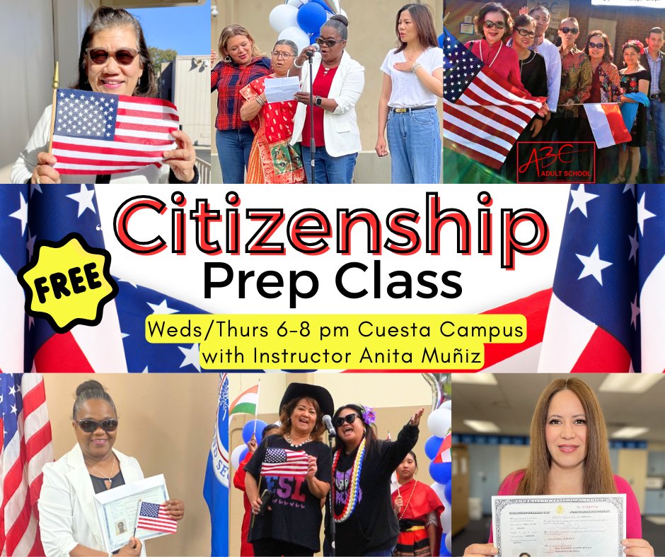 Become a United States citizen! Our free Citizenship class prepares you for the newest version of the U.S. Citizenship Test.

*Register Today!
💻 abcadultschool.edu
☎️ 562-229-7960

#ABCAdultSchool #citizenshipclass #ESL #USCitizenship #naturalization #becomeacitizen